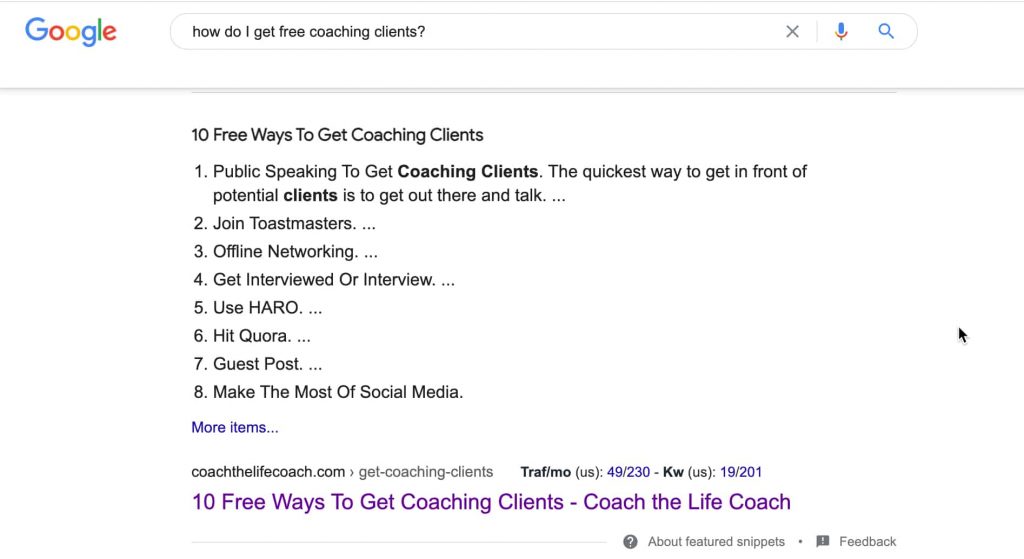 get coaching clients feature snippet